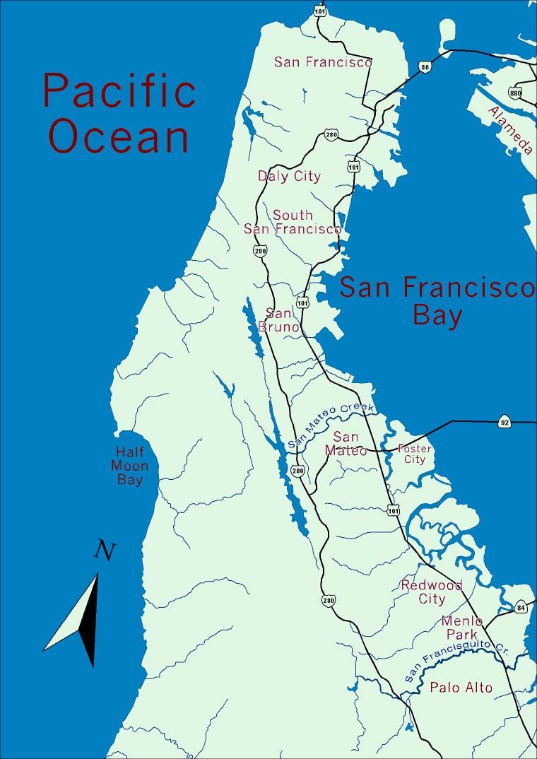 Kart av bay area-halvøya