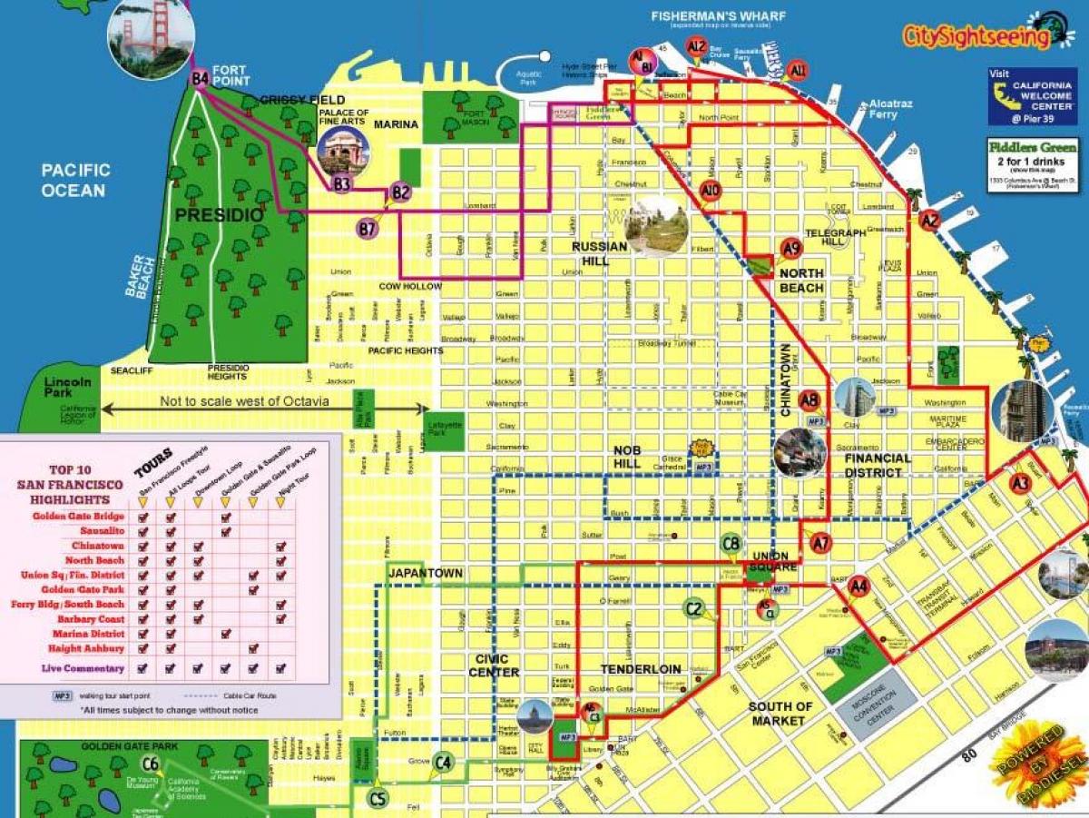 Kart av city sightseeing i San Francisco rute