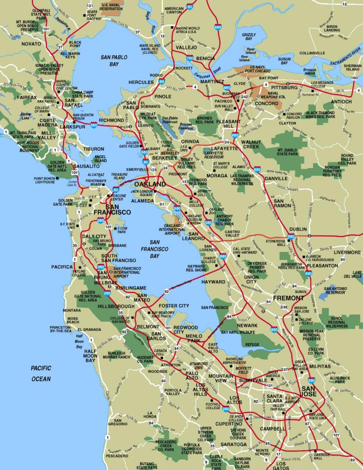 kart over byer rundt San Francisco