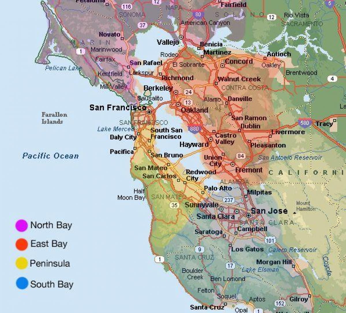 San Francisco-området kart og området rundt