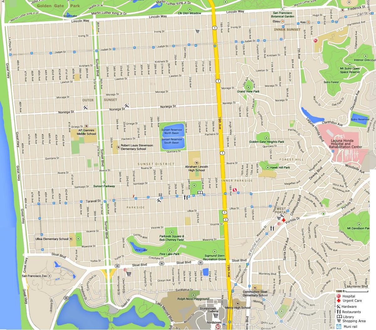 Kart av sunset-distriktet i San Francisco