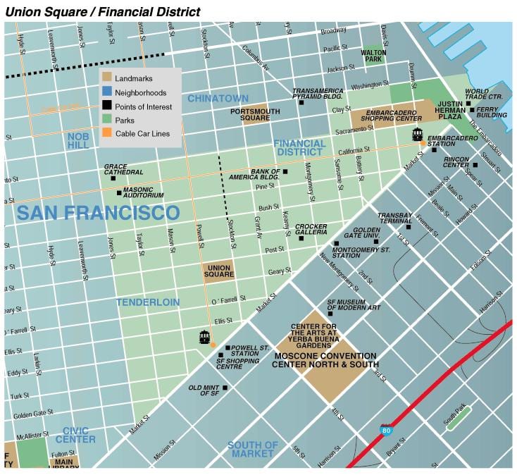Kart av union square-området i San Francisco