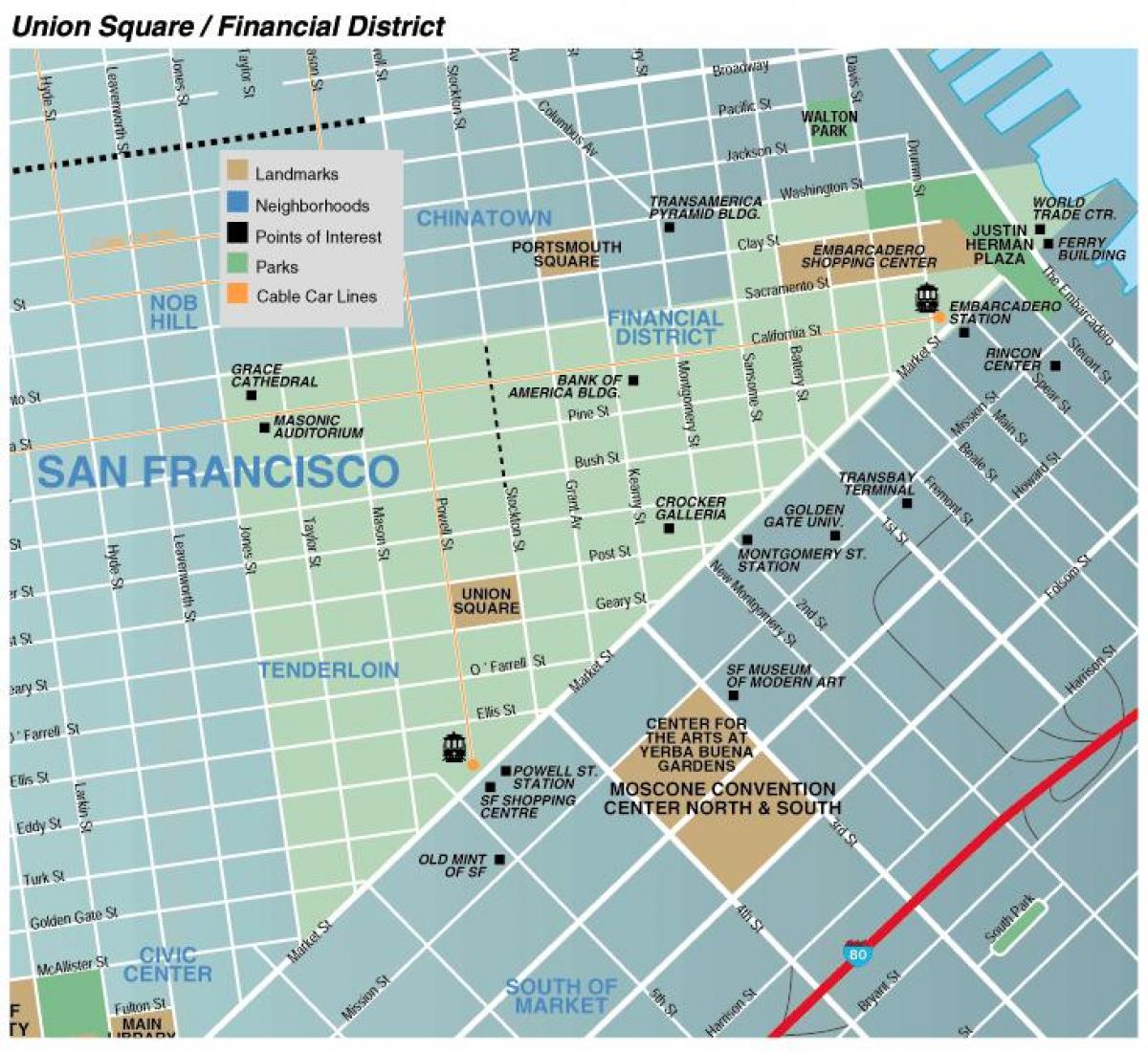 Kart av union square-området i San Francisco