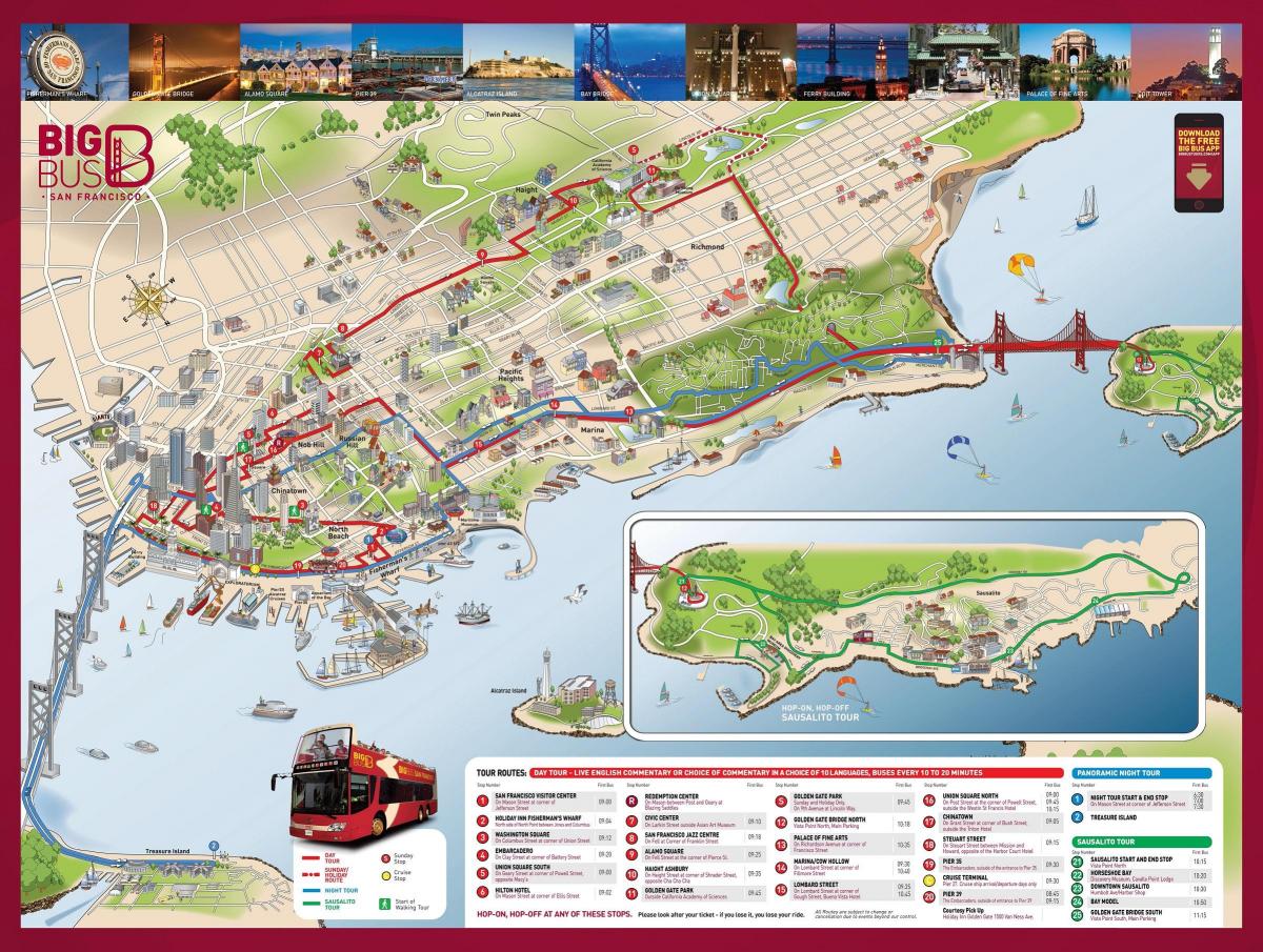 Kart av rød buss i San Francisco 