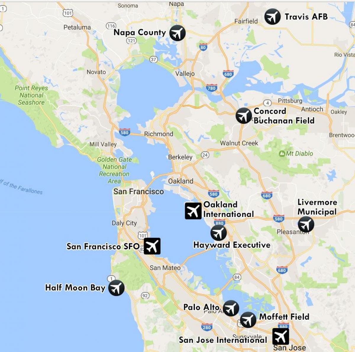 flyplasser i nærheten av San Francisco kart