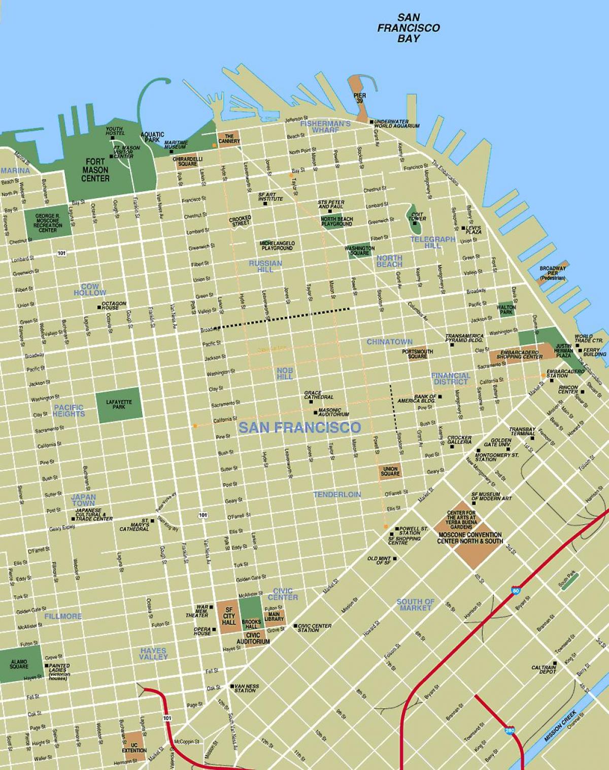 kart av attraksjonene i San Francisco