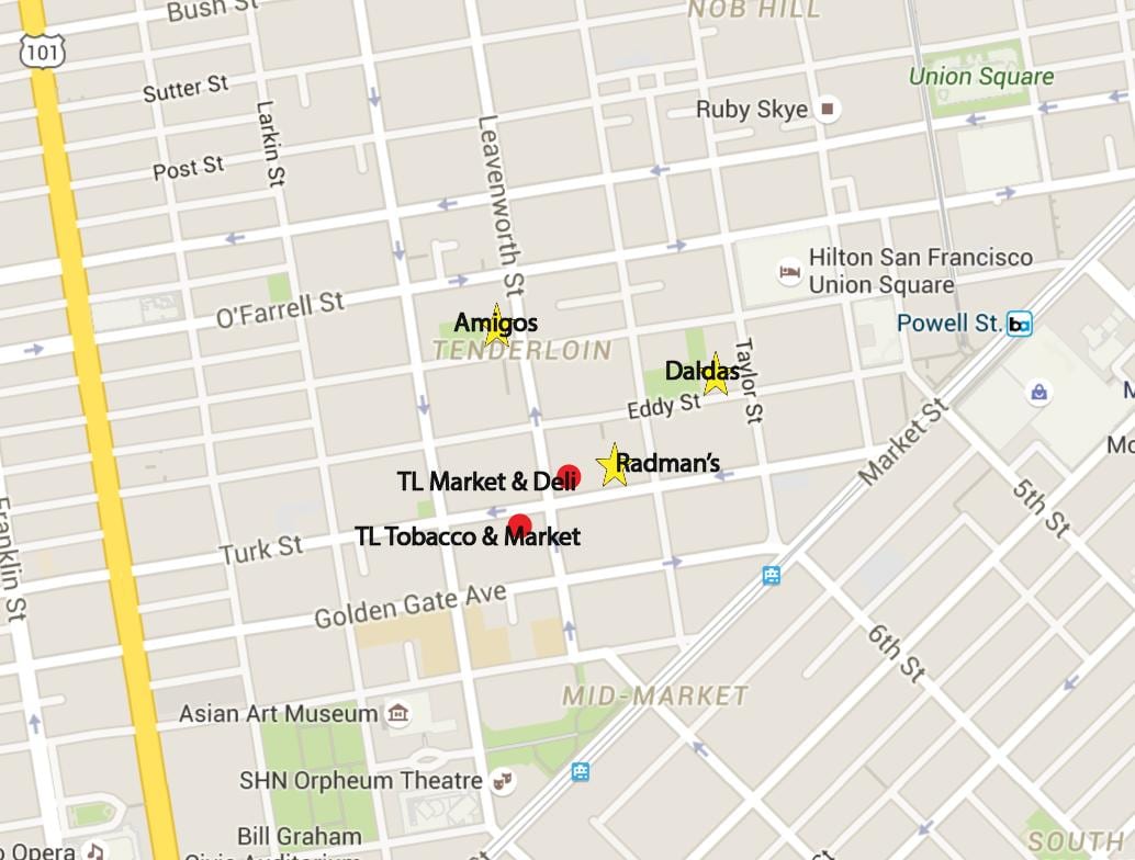Kart over tenderloin-området i San Francisco